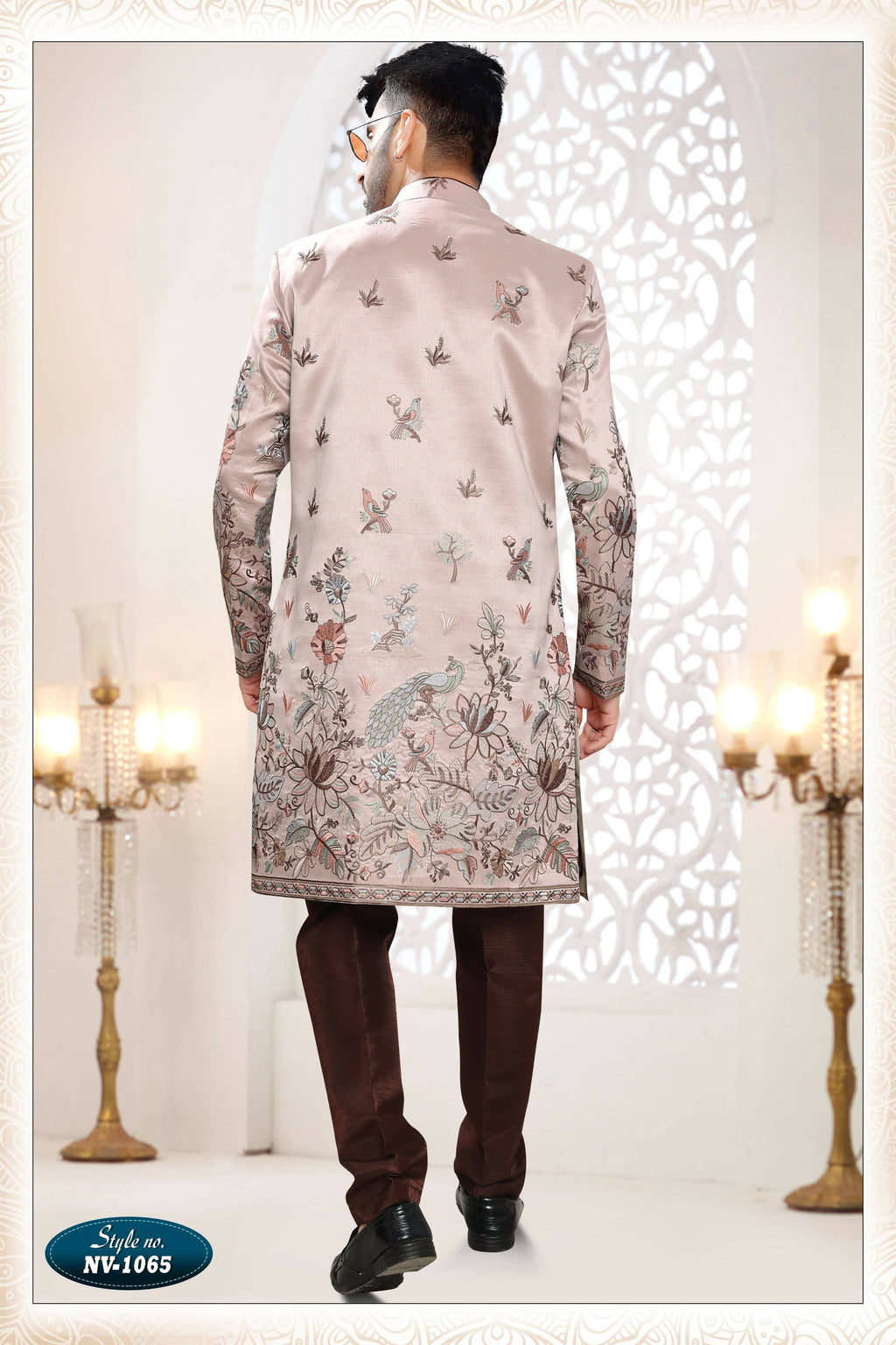 Men's Skin Brown Straight Silk Kurta Set with Embroidery