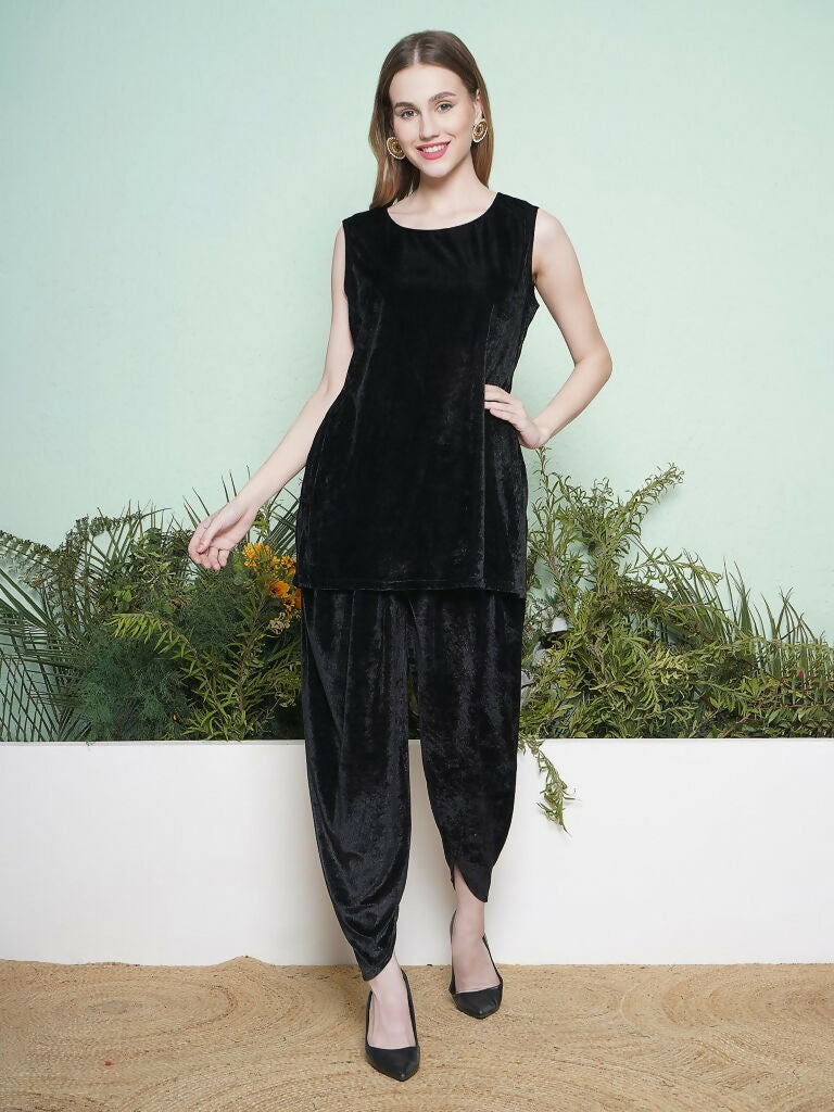 Black Dhoti Salwaar Set with Hand Embellished Velvet Jacket