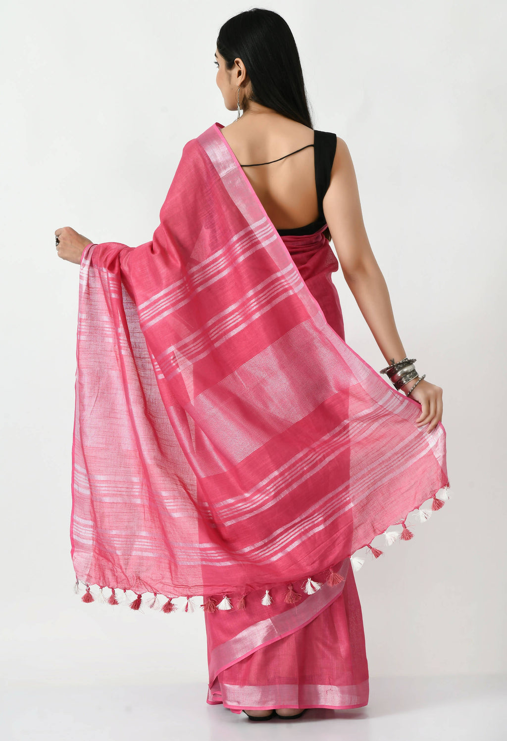 Moeza Pink Bhagalpuri Handloom Silk Linen Saree with Silver Detail