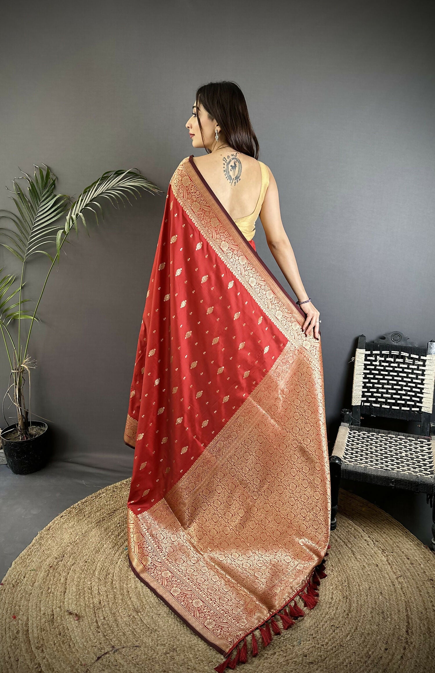 Red Lichi Silk Banarasi Saree with Zari Weaving Motifs & Blouse