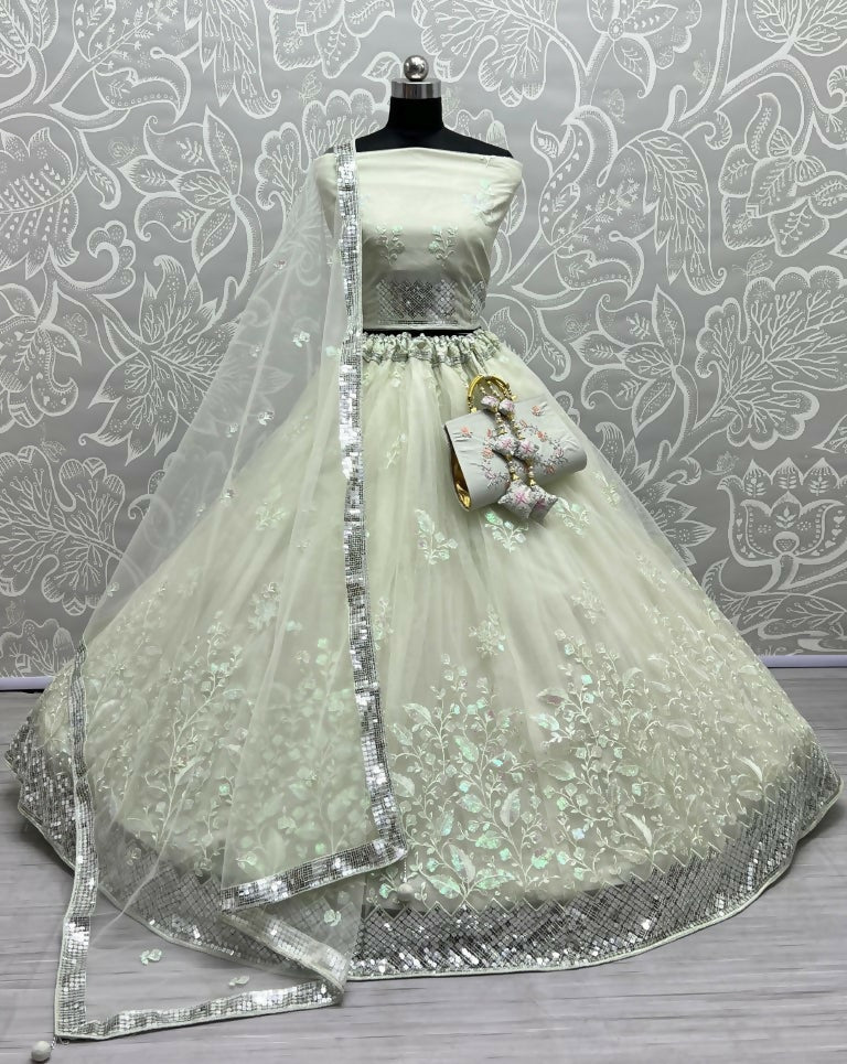Sea Green Bridal Net Lehenga Choli with fancy sequins and multi-thread embroidery