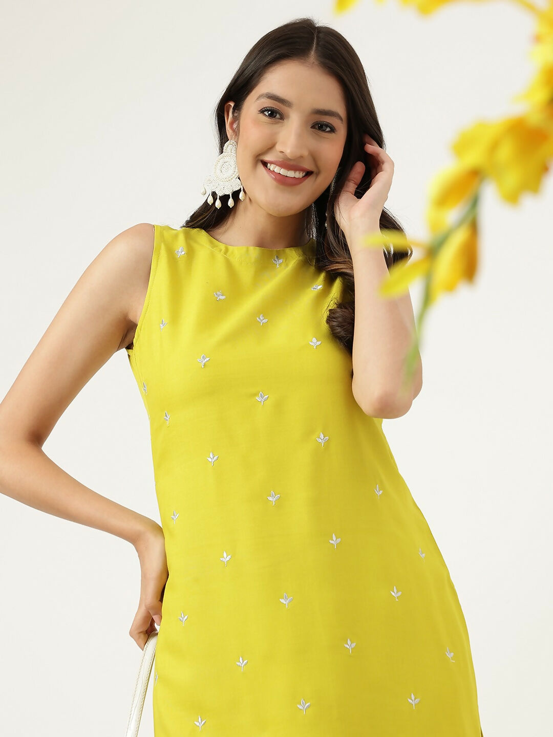 Mustard Rayon Embroidered Straight Kurta and Bottom Set