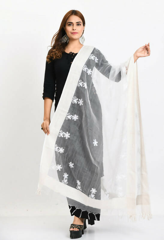 White organza dupatta for women with all-over floral chikan embroidery