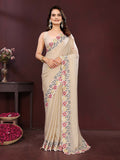 Elegant peach soft star georgette saree with intricate embroidery for parties