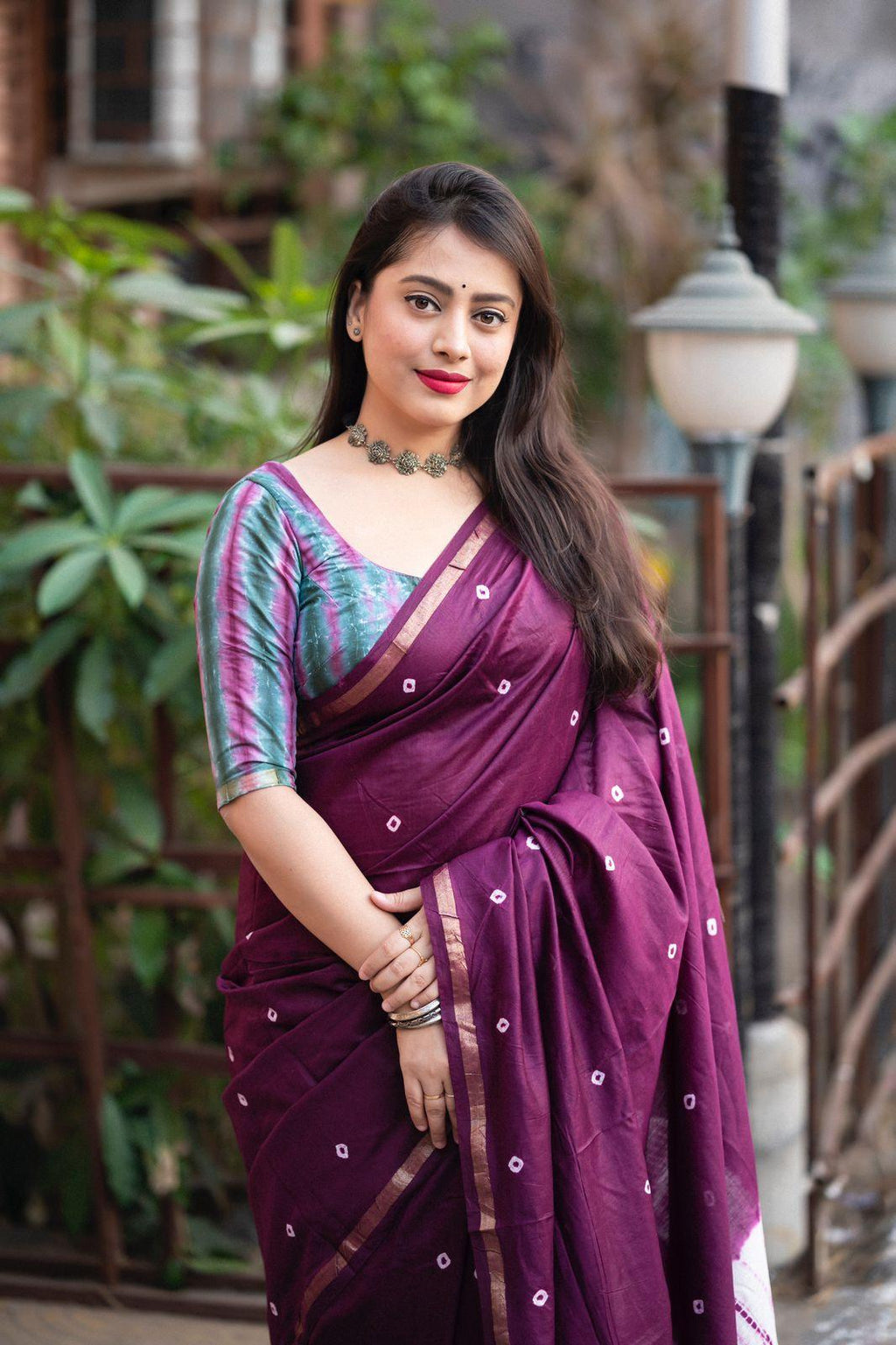 Purple Chanderi Cotton Saree with Traditional Block Print