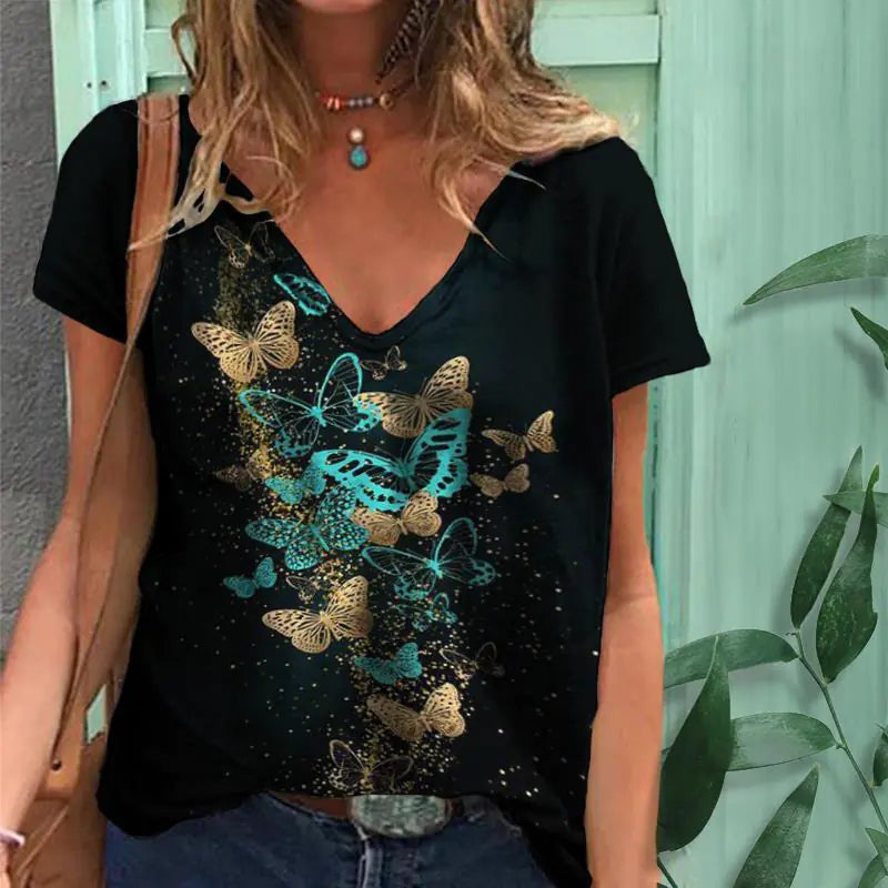 Women's Graphic Print V-Neck T-Shirt Casual Short Sleeve Tee
