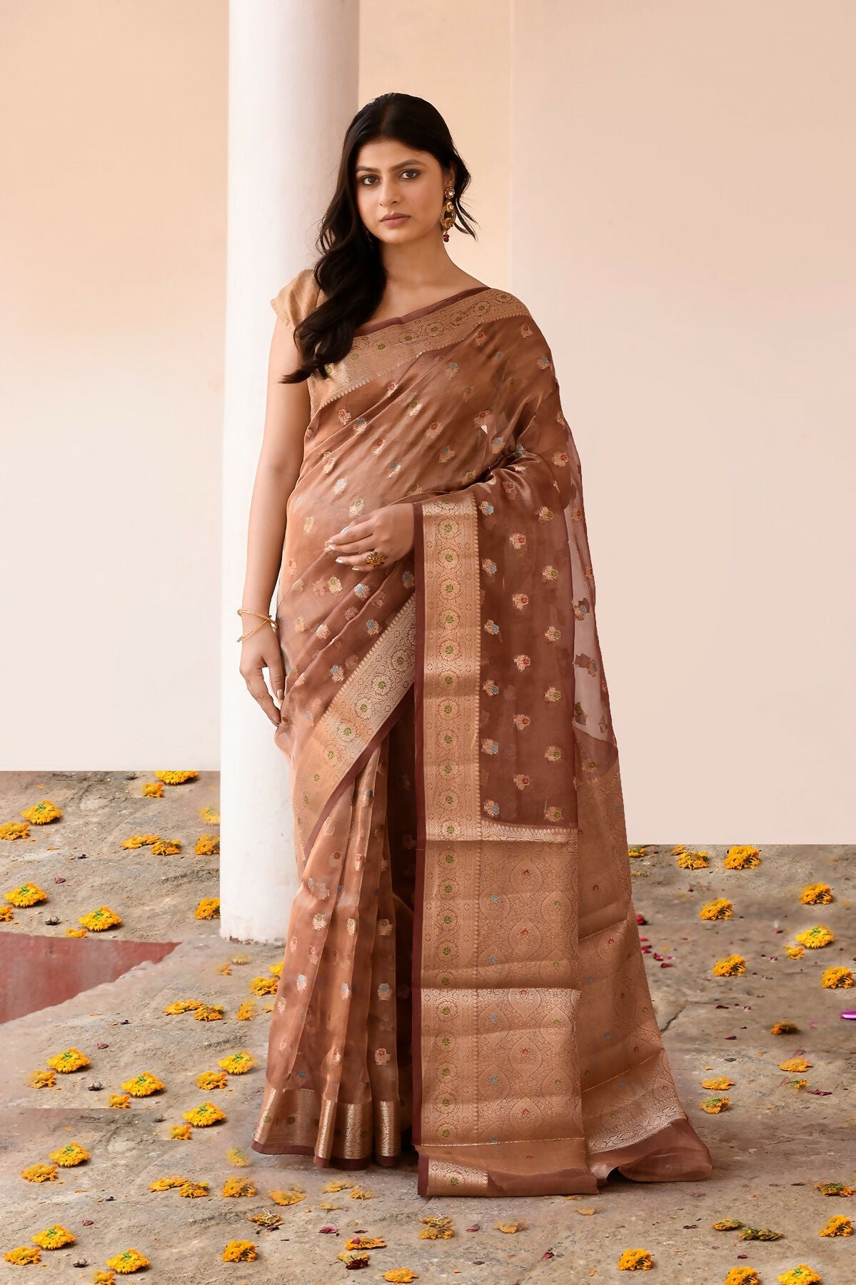 A beautiful copper-colored pure Banarasi tissue silk saree featuring traditional weave patterns.