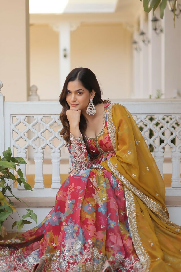 Women's Pink & Yellow Russian Silk Sequins Zari Embroidered Anarkali