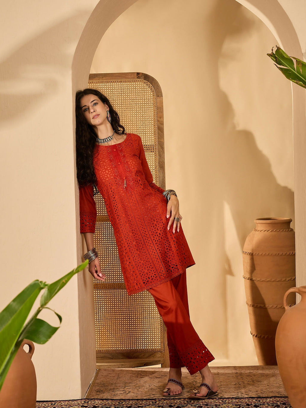 Rust Pure Cotton Embroidered Co-ord Set for Women