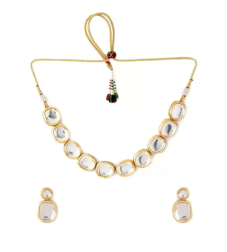 Golden and white Kundan necklace set with adjustable cord for women