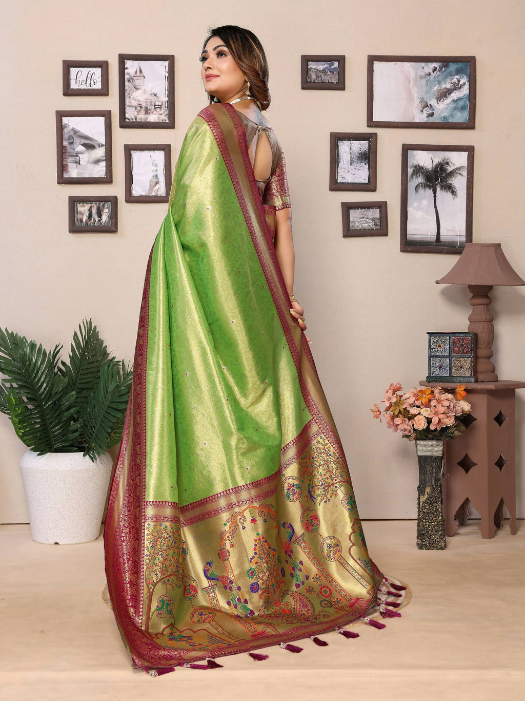 Pista Tissue Silk Weaving Saree with Maroon Blouse - Ethnic Elegance