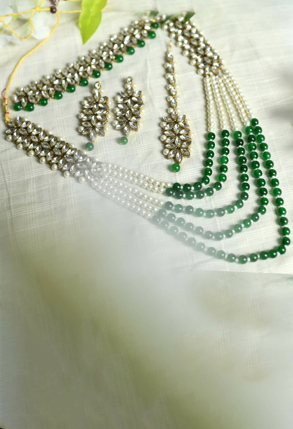 Johar Kamal gold-polished Rani Haar long necklace with green and off-white pearls and Kundan-style stone work