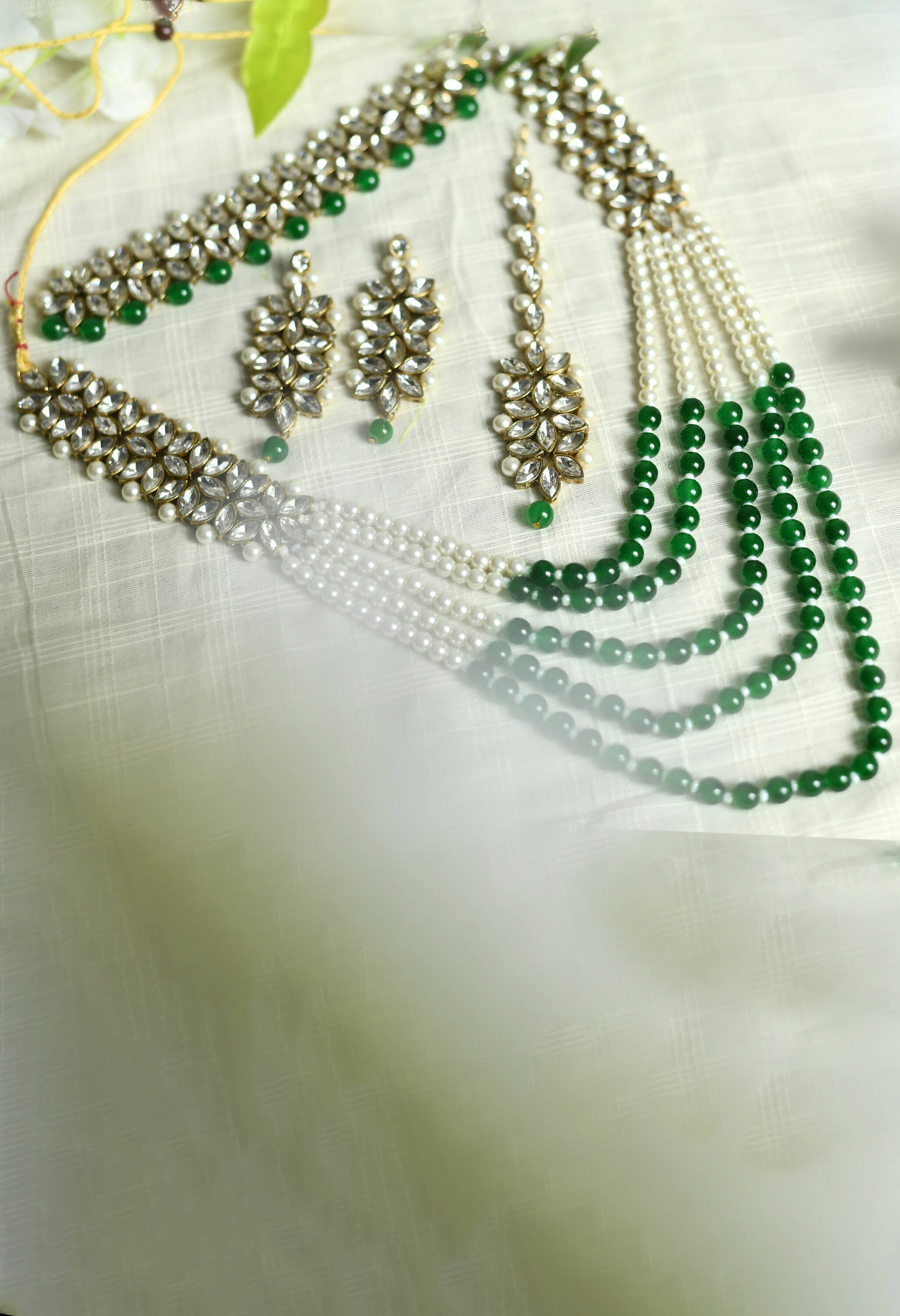 Johar Kamal gold-polished Rani Haar long necklace with green and off-white pearls and Kundan-style stone work