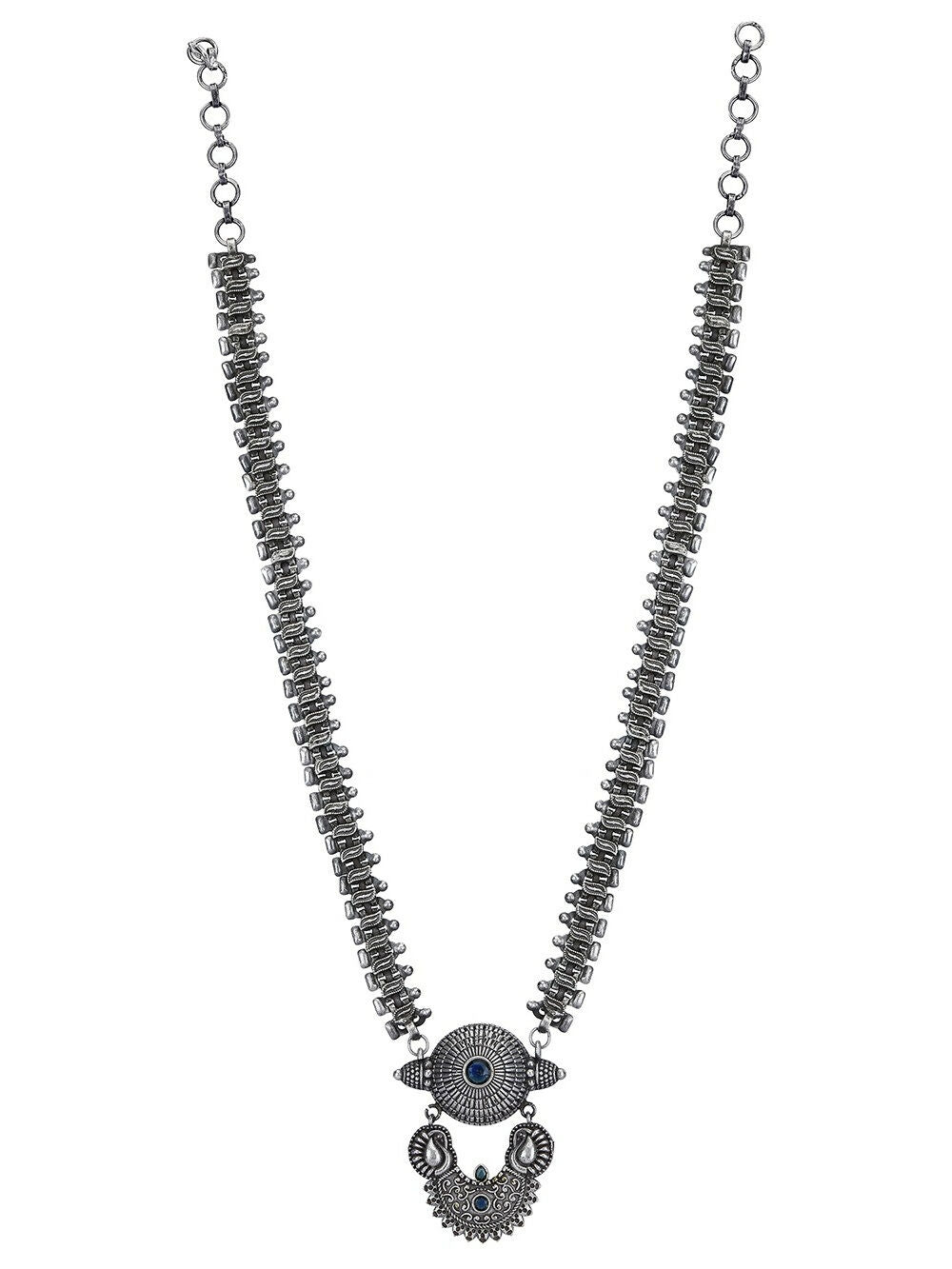 Long Pattern Silver Tone Brass Statement Necklace for Women