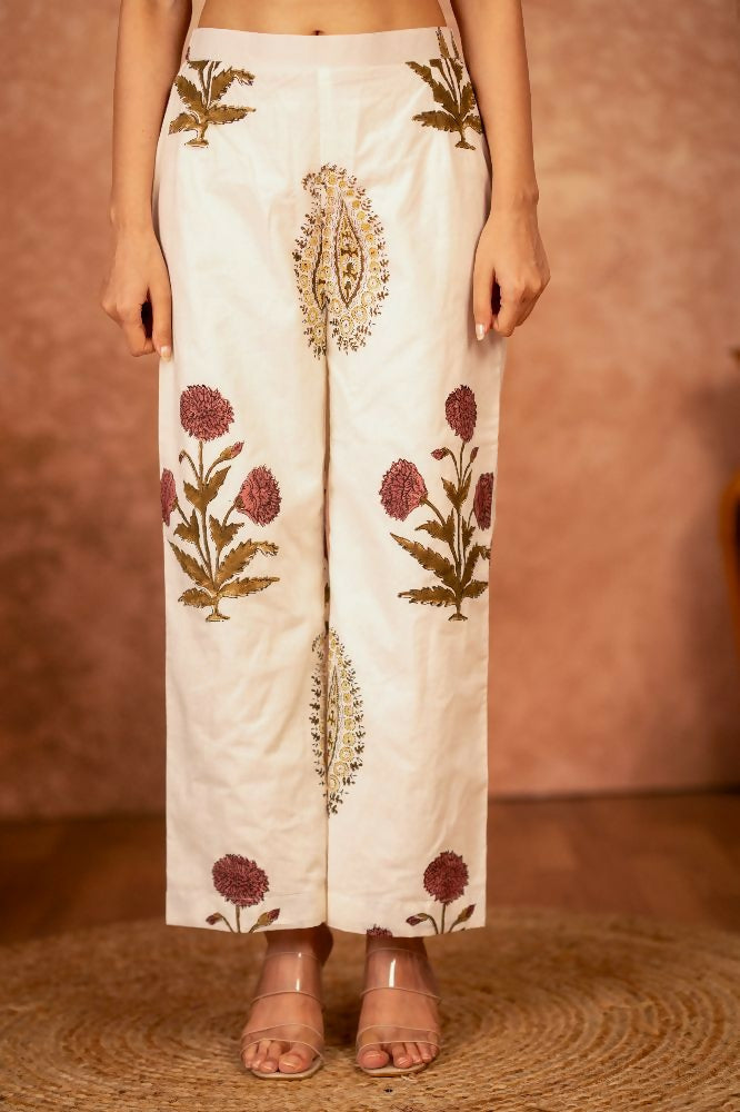 Off White Red Floral Hand Block Printed Cotton Kurta Pant Set
