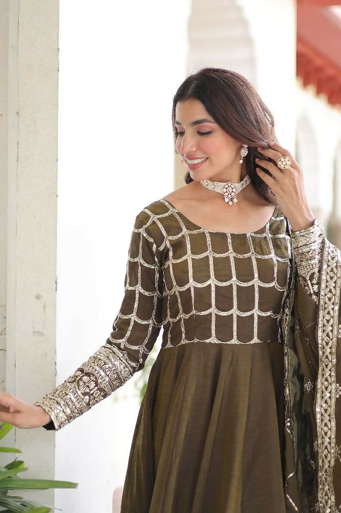Mehndi Silk Kurta Set with Sequins and Thread Embroidery