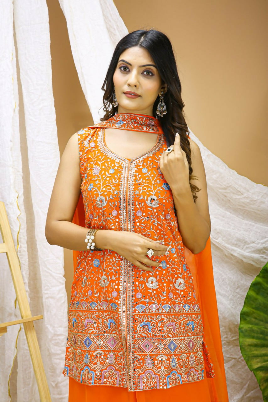 Orange Georgette Embroidered Sharara Set - Vibrant Festive Outfit