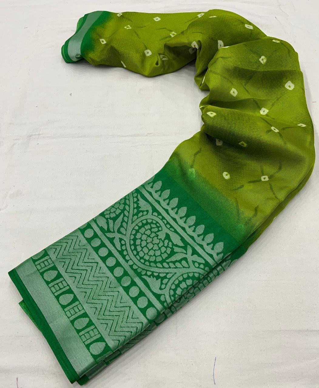 Green Jute Silk Ethnic Bandhani Print Saree with Broaso Border