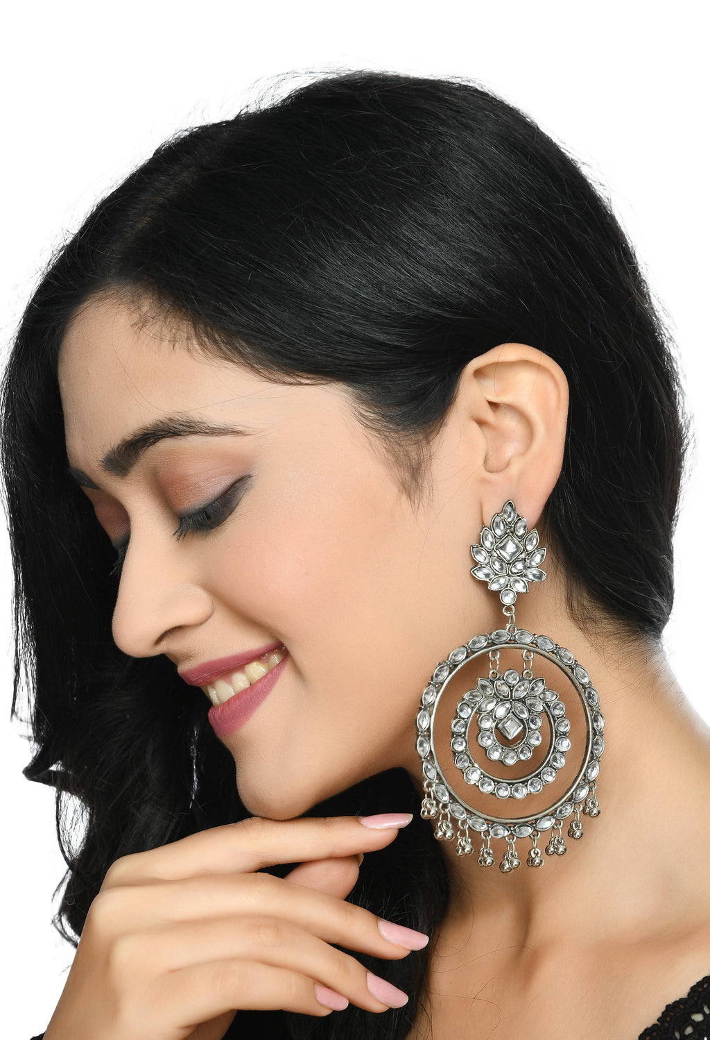 White Kundan Circle Dangle Earrings for Women and Girls