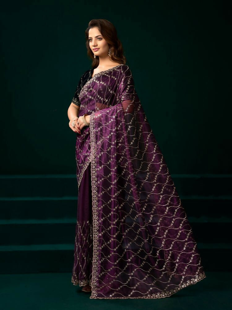 Wine Net Party Wear Saree with Black Velvet Blouse
