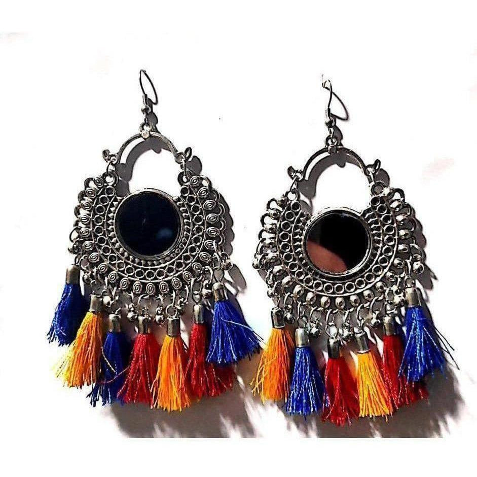 Afghani oxidized silver Chandbali earrings with silk thread accents.