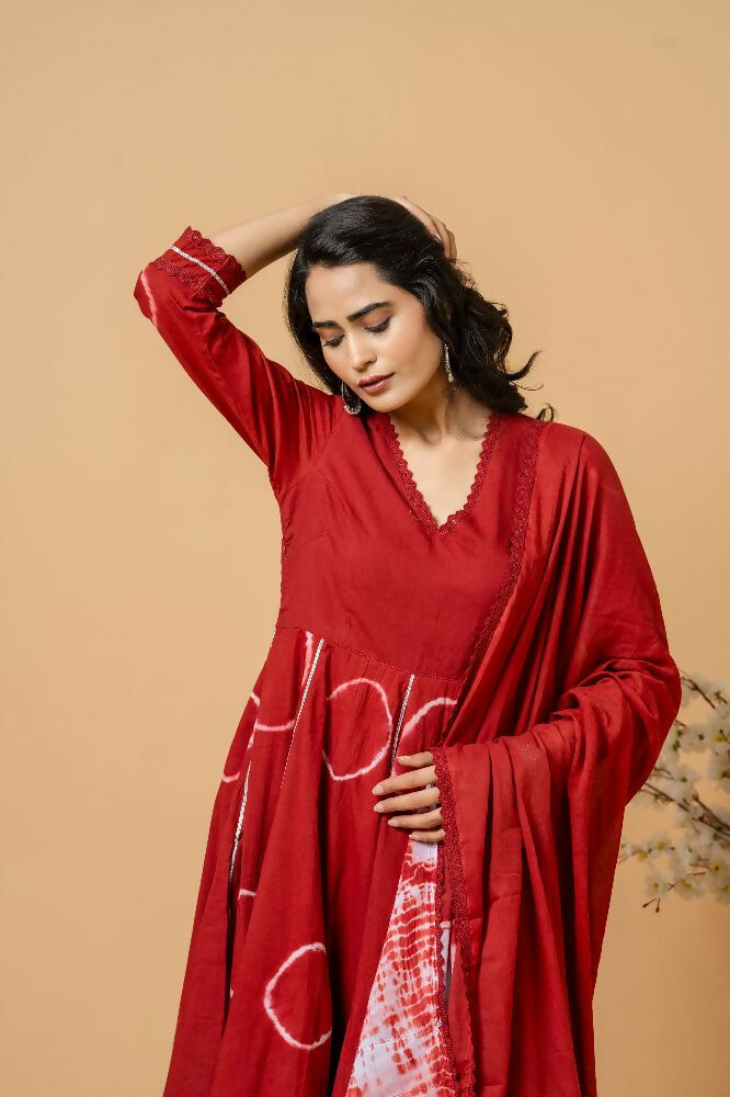 Red Tie & Dye Cotton Suit Set for Women