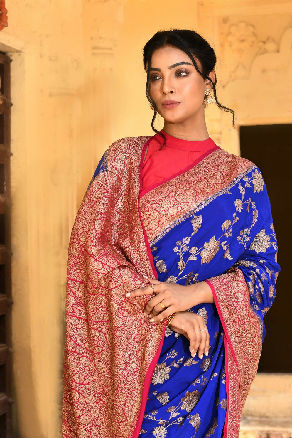 Ink Blue Crepe Chiffon Handloom Banarasi Silk Saree