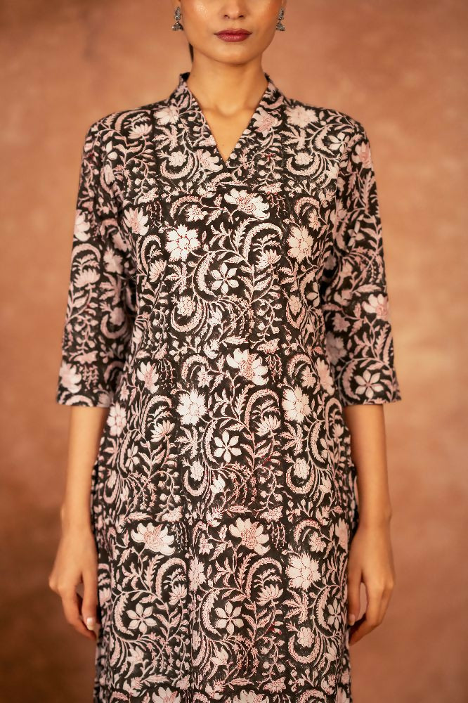 Black Floral Hand Block Printed Cotton Kurta and Pant Set