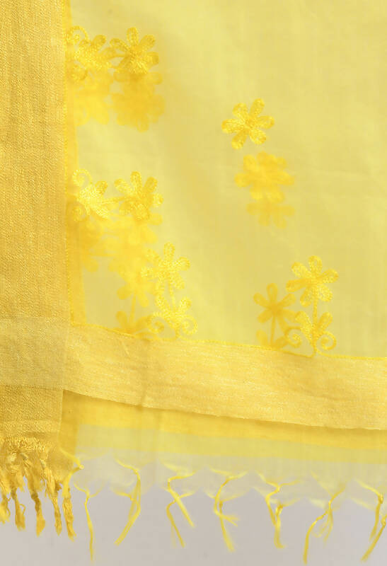 Lemon Yellow Organza Dupatta with All Over Chikan Embroidery