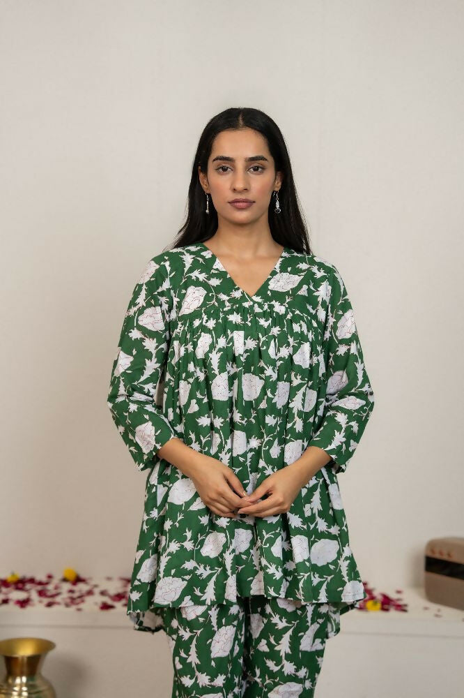 Green Hand Block Printed Cotton Co-Ord Set for Women