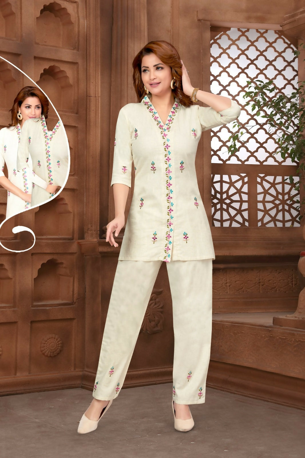 Short beige cotton kurta set with comfortable fit and classic style