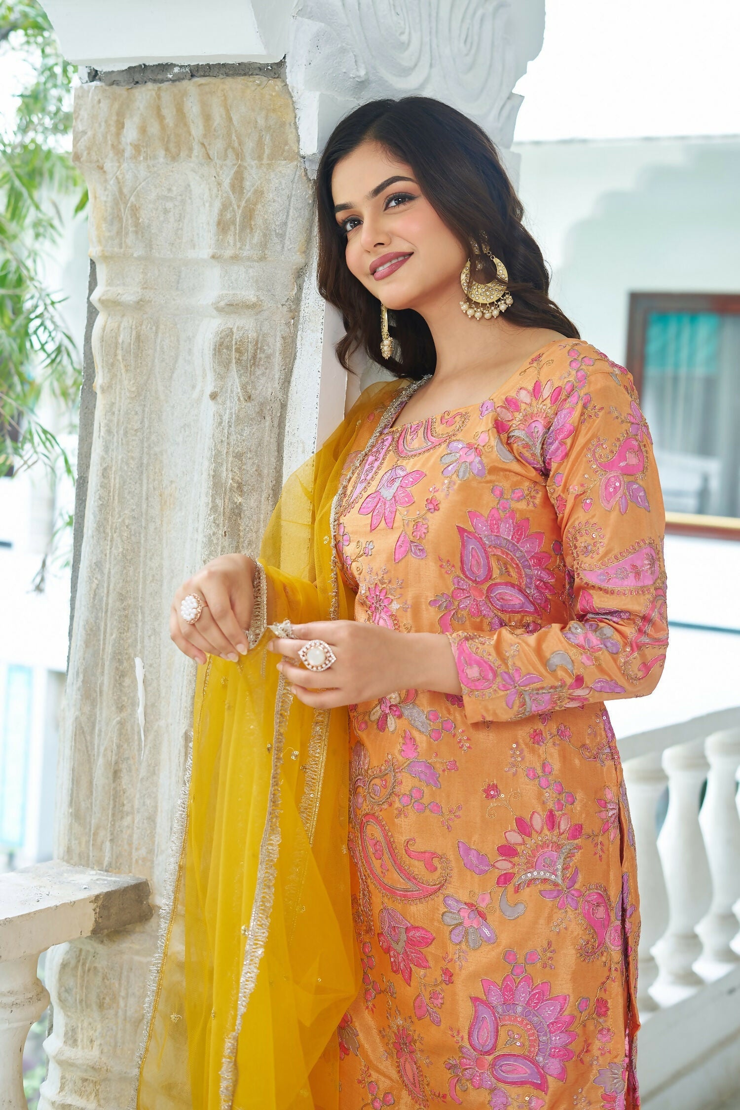 Yellow Chinnon Embroidery Sequence Work Readymade Kurta Set