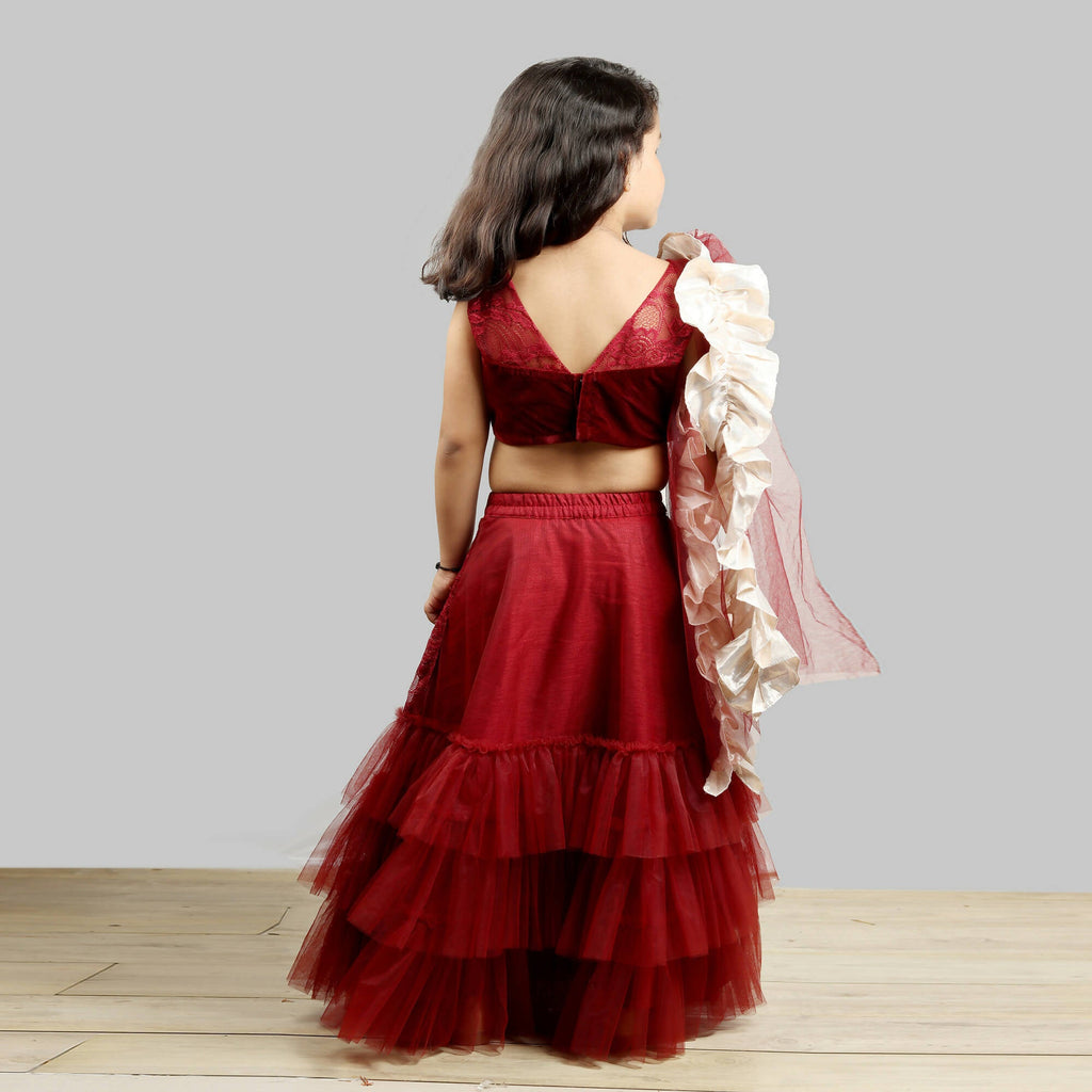 Maroon and Pink Velvet Choli with Net Ghagra and Frill Dupatta