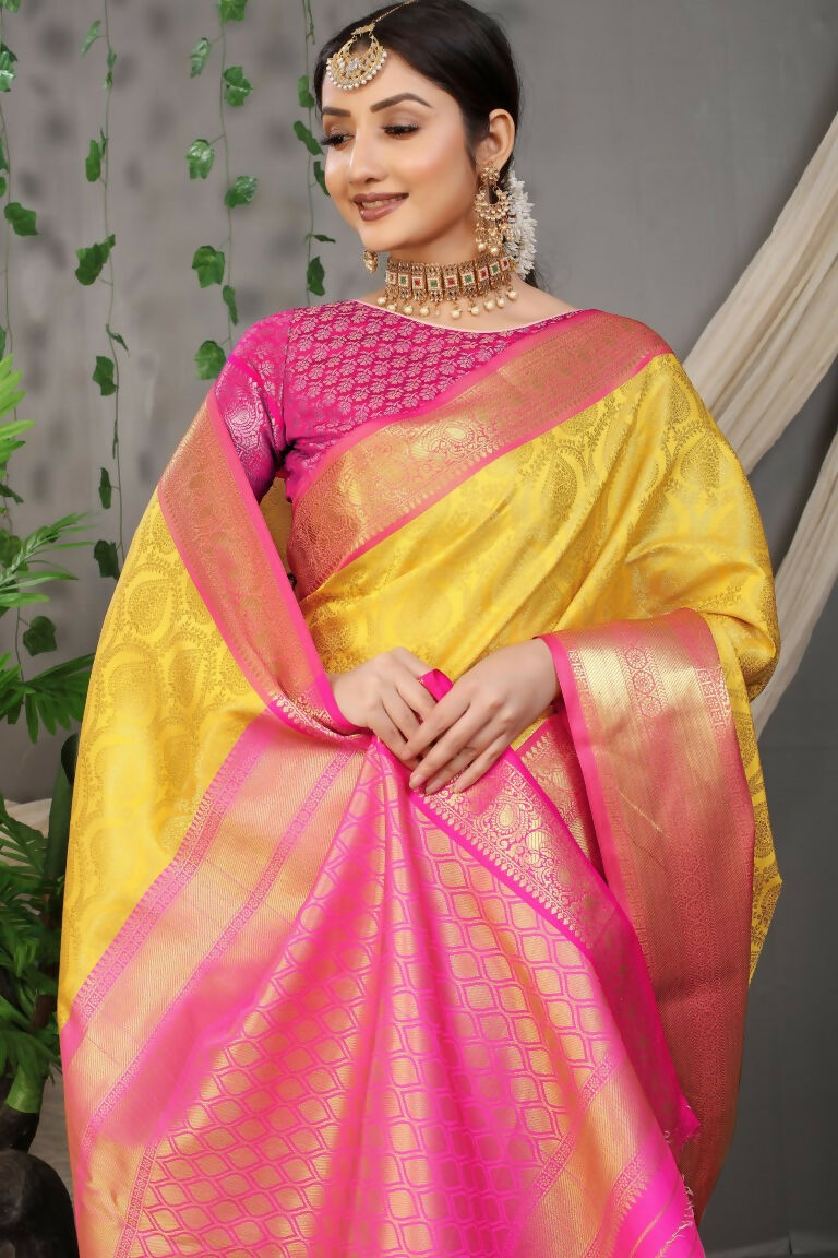 Yellow Kanjivaram Silk Saree with Pink Blouse & Zari Weave