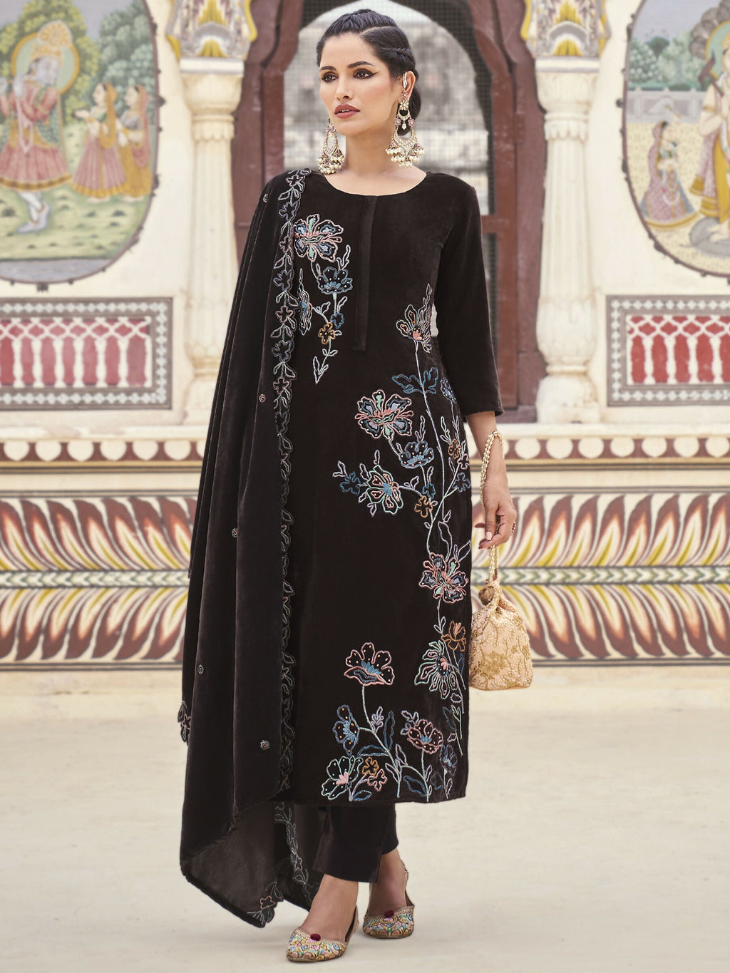 Jyoti Fashion women's brown velvet straight kurta set with intricate Resham thread, Jari, and sequin embroidery.