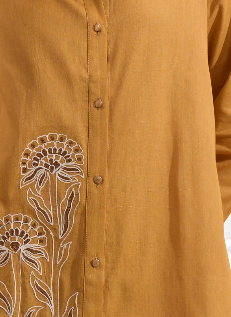 Coral Cotton Linen Embroidered Cord Set with Mandarin Collar
