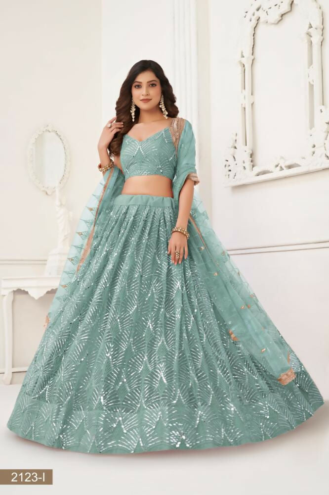 Ocean Blue Butterfly Net Lehenga with Mirror and Sequence Work