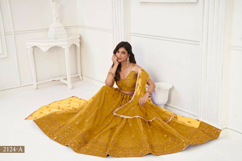 Mustard Yellow Butterfly Net Lehenga with Sequence Embroidery