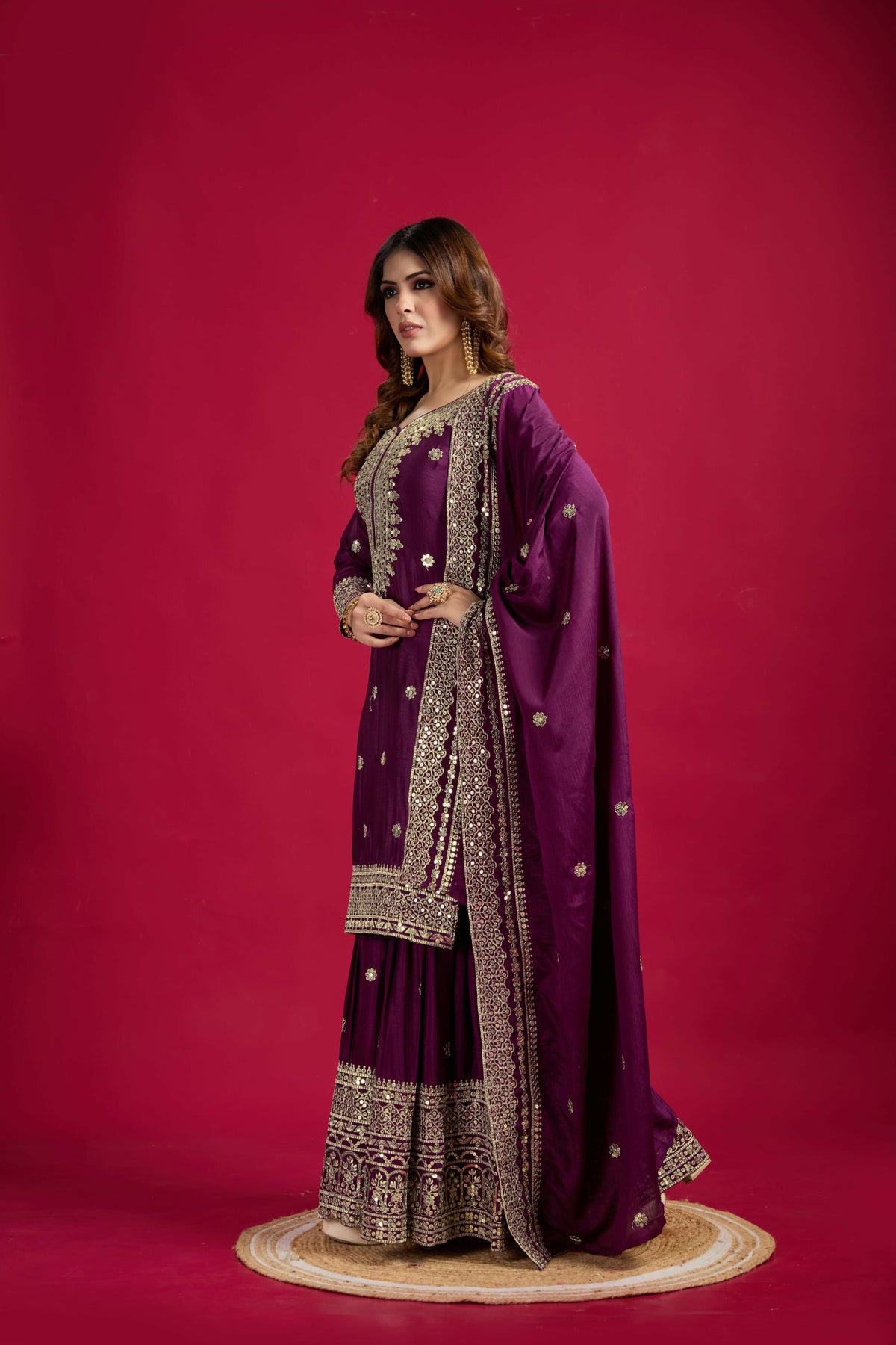 Violet Silk Kurta Set with Sequins, Zari & Thread Embroidery