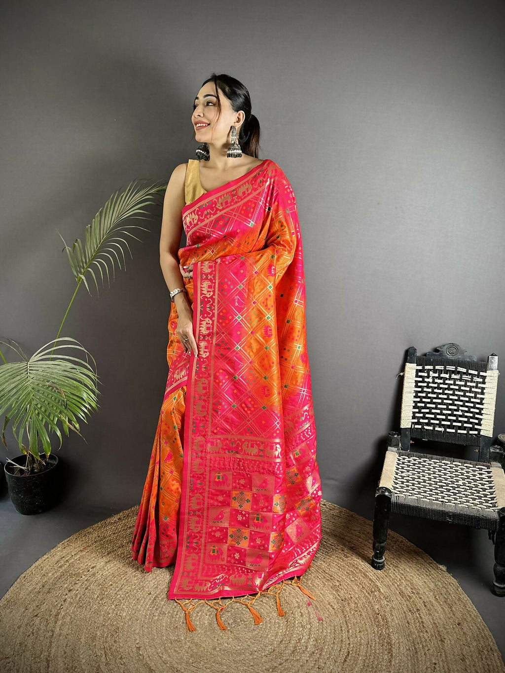 Orange and Pink soft silk Patola saree with geometric pattern and matching blouse