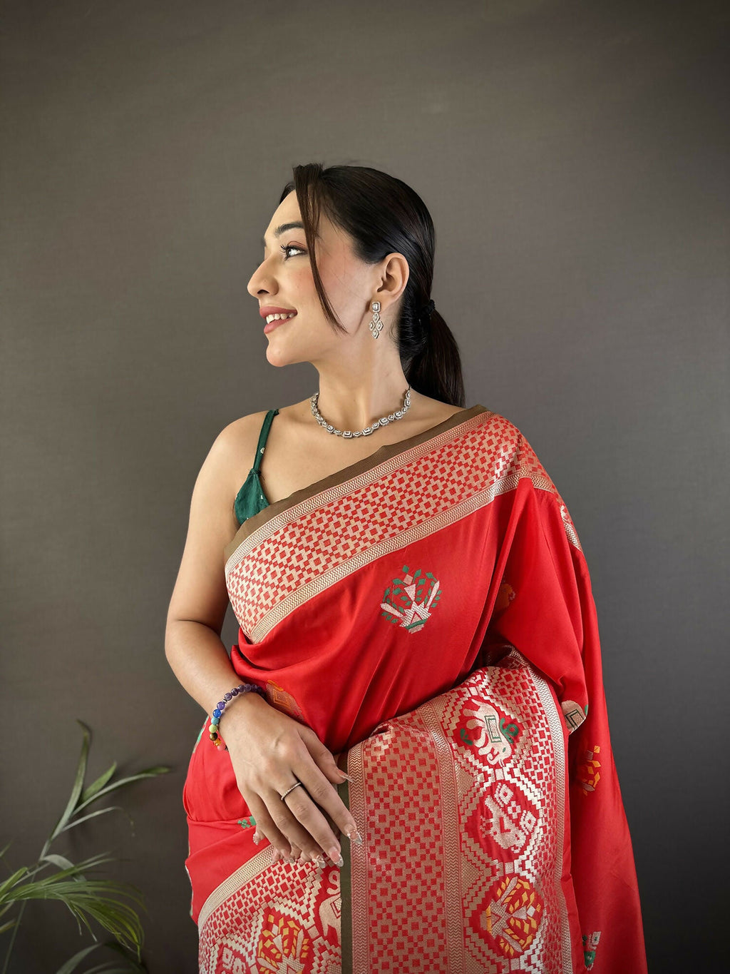 Red Elephant & Floral Motif Soft Lichi Silk Banarasi Saree