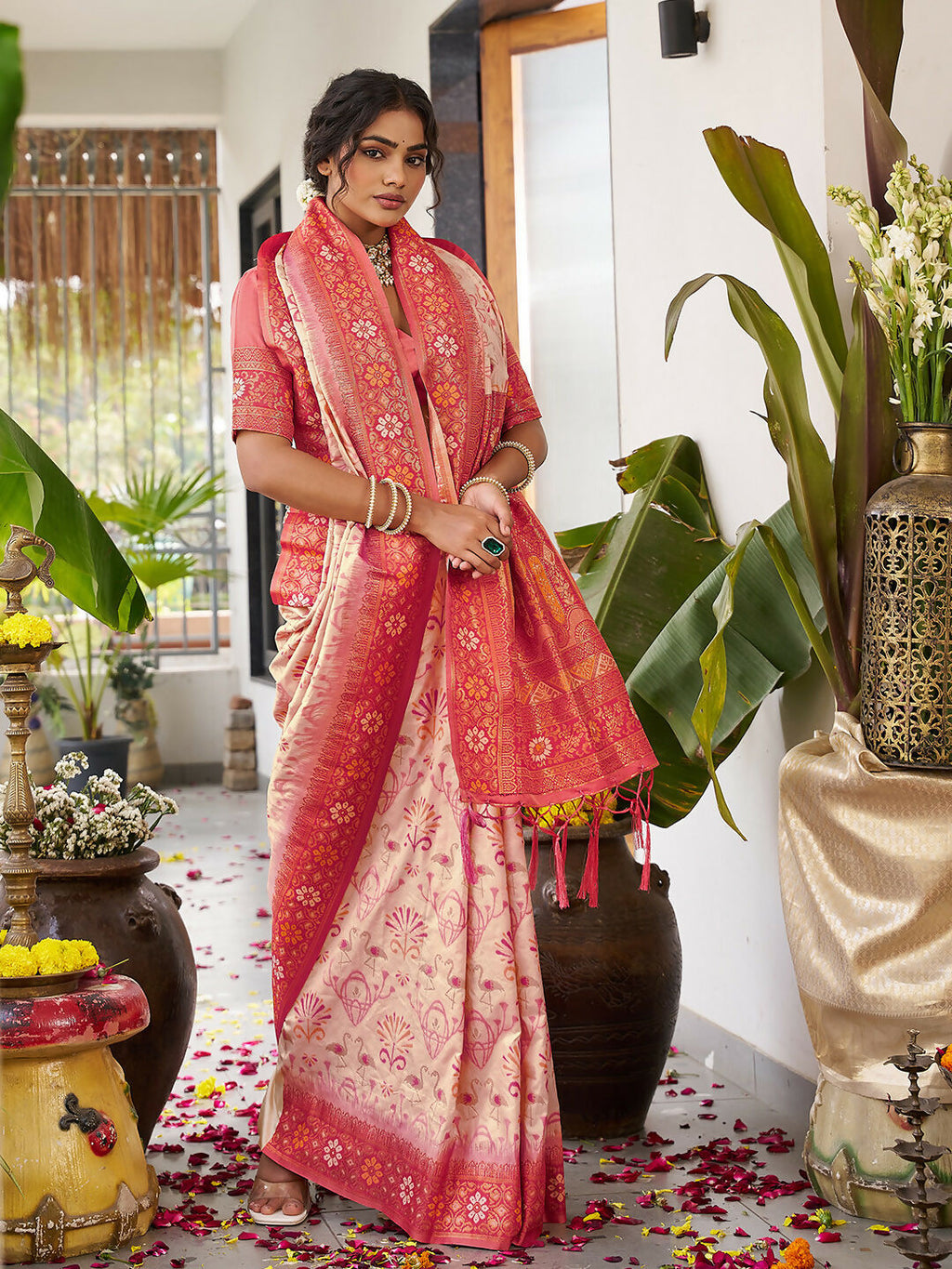 Cream Soft Silk Saree with Contrast Red Blouse Piece