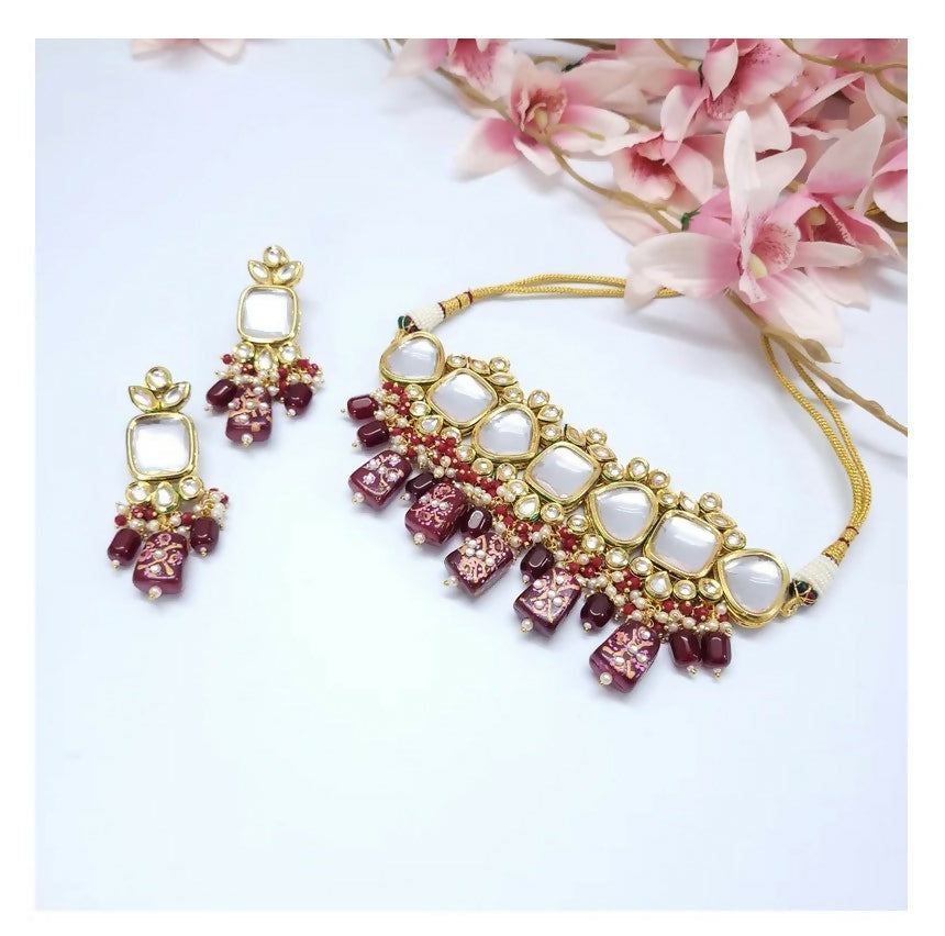 Gold plated multicolor Kundan necklace set with adjustable cord