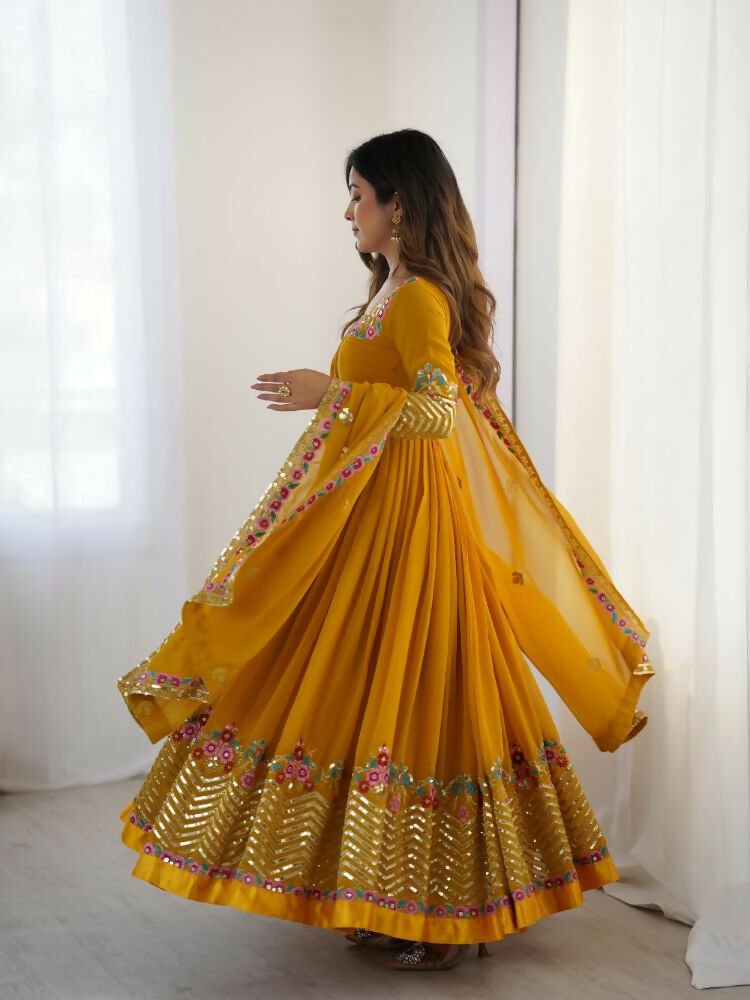 Mustard Georgette Sequence Embroidery Readymade Kurta Set