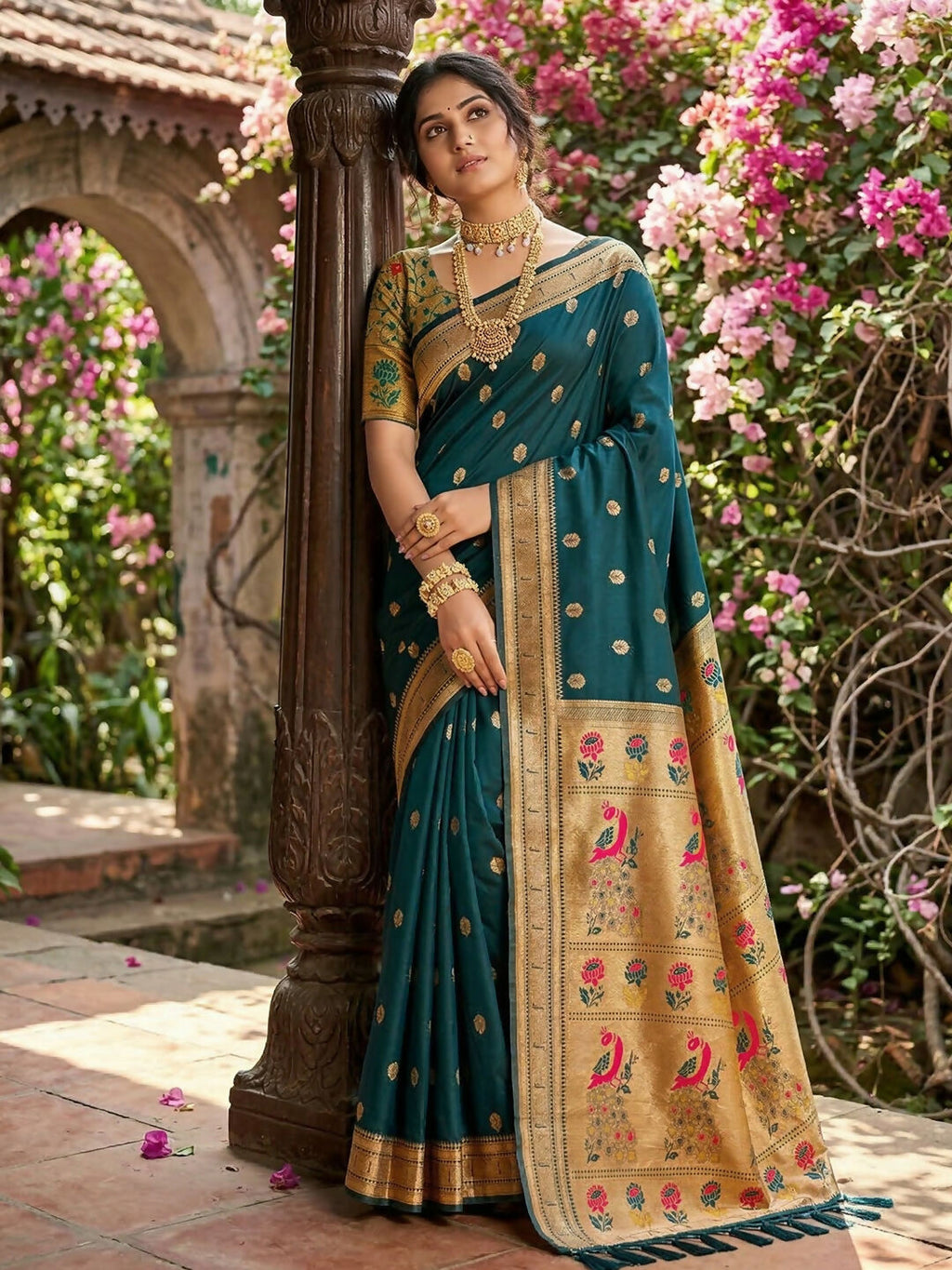 Teal Soft Silk Saree with Contrasting Golden Blouse