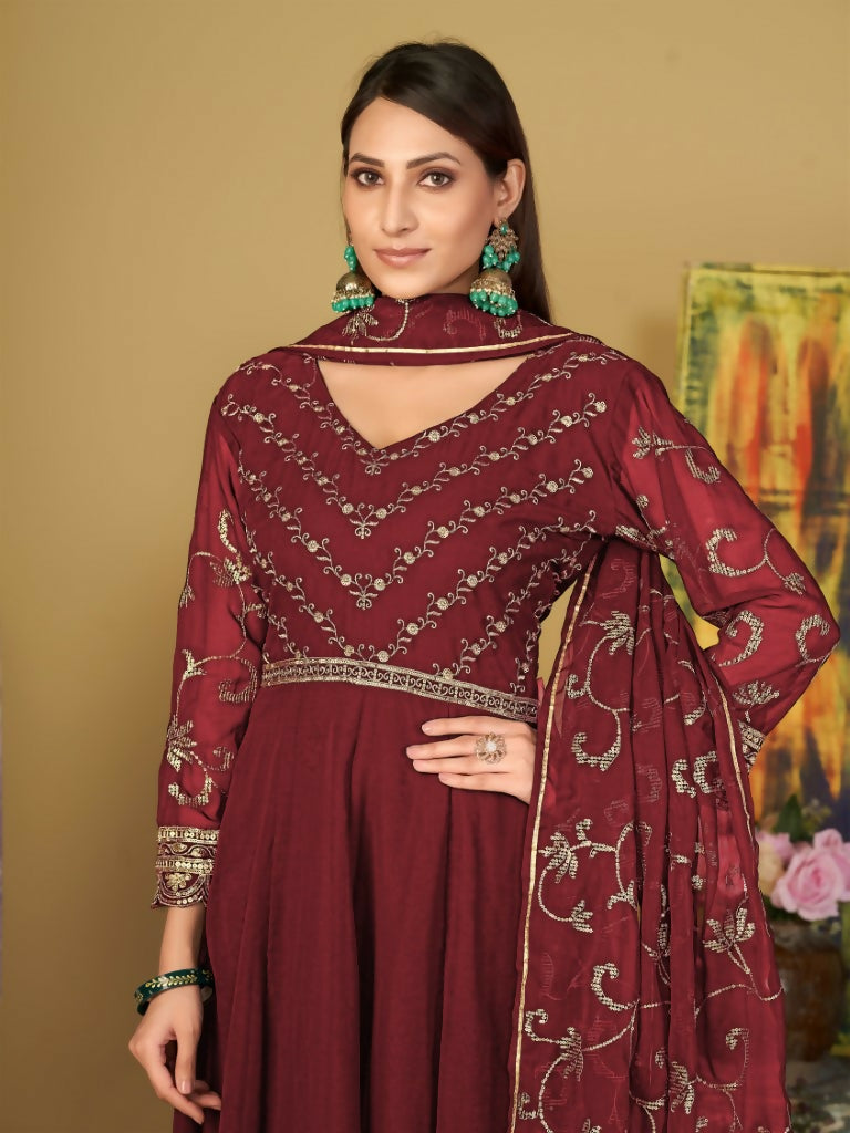 Maroon Georgette Embroidered Anarkali Kurta Pant Set & Dupatta