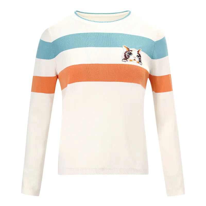 Cartoon Cat Striped Knit Pullover Sweater Cream Blue Orange - Image 5
