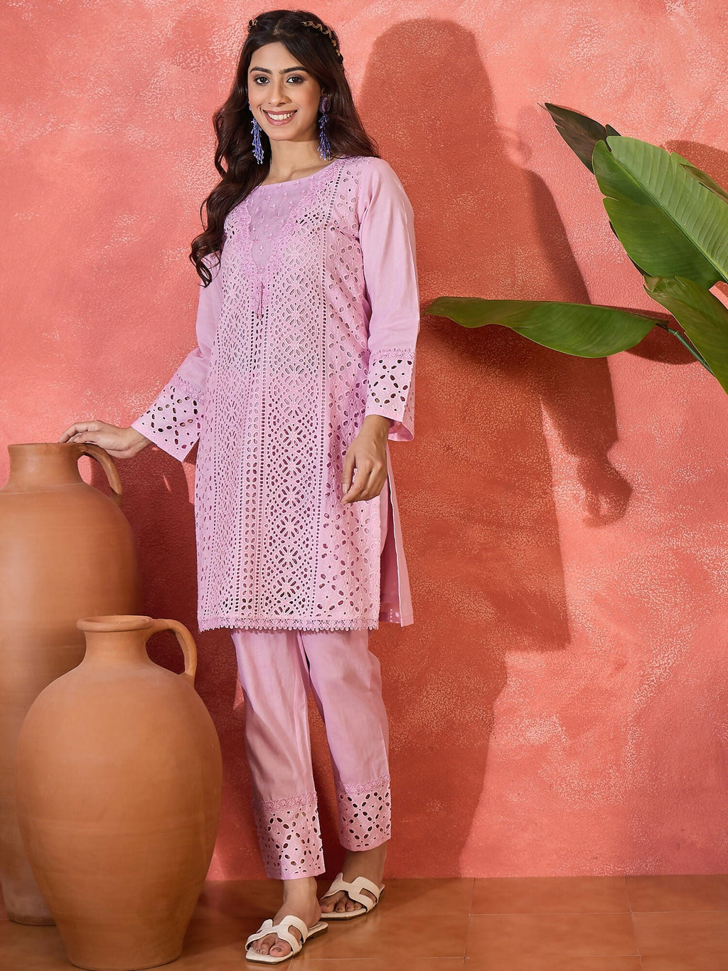 Pink Embroidered Pure Cotton Cord Set with 3/4 Sleeves