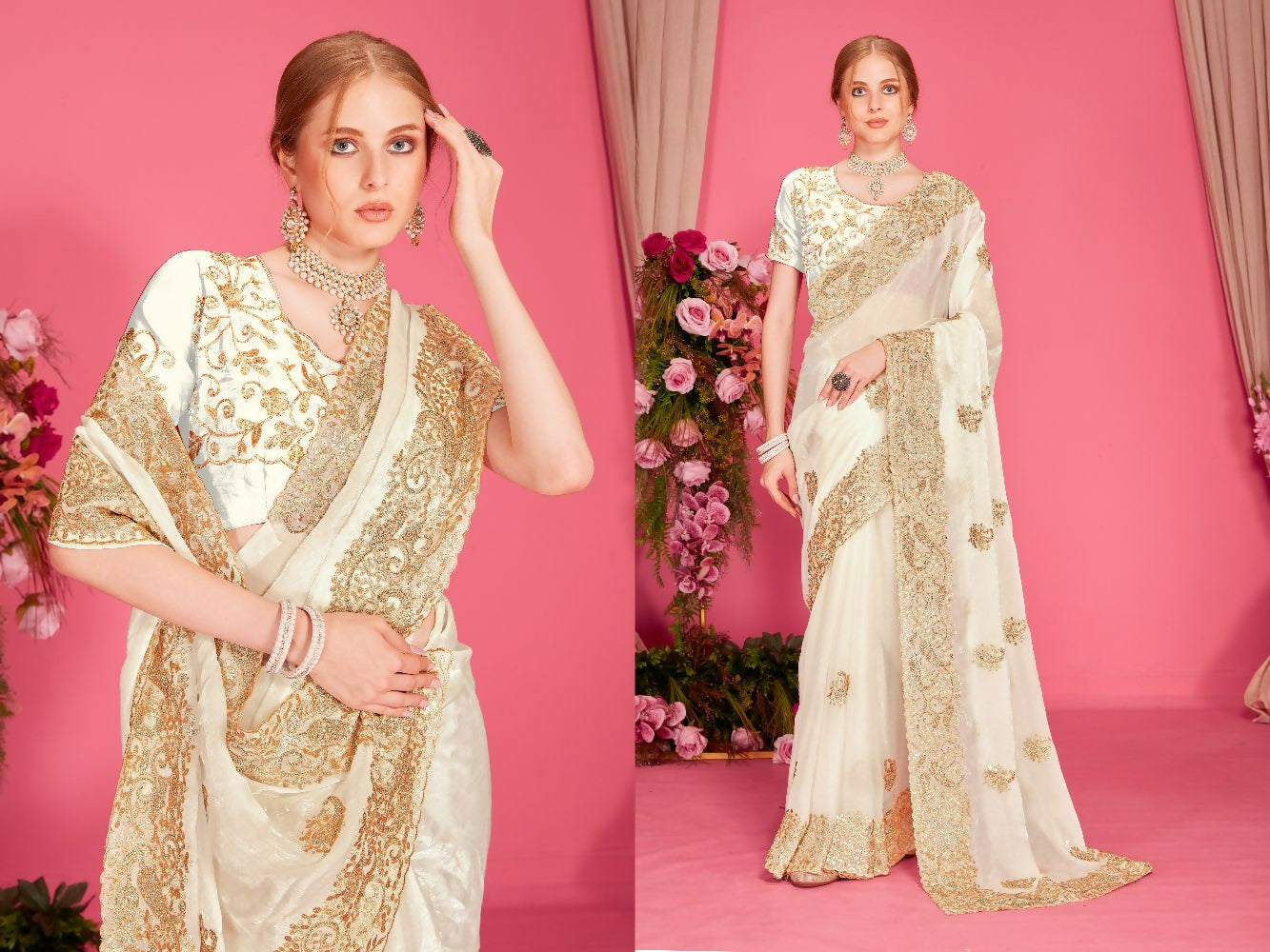 White Fendi two tone silk saree with heavy Zari and Zircon embroidery