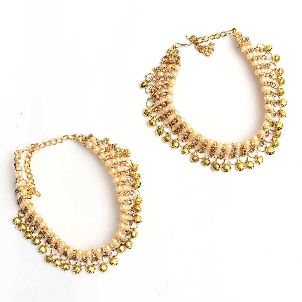 Gold-Polished Pearl Anklets with Muvvas for Women